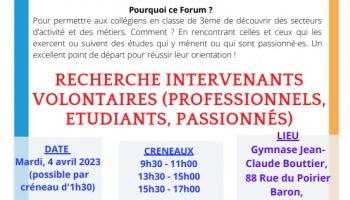 Recherche intervenant.es - Forum de l'orientation et des métiers du Collège Jean Moulin Sannois et les établissements d'enseignements secondaires de la commune